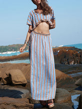 Load image into Gallery viewer, Women V-Neck Short Sleeves Stripe Ruffle Loose Skirt Two Piece Set