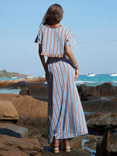 Load image into Gallery viewer, Women V-Neck Short Sleeves Stripe Ruffle Loose Skirt Two Piece Set