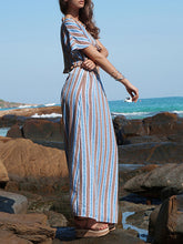 Load image into Gallery viewer, Women V-Neck Short Sleeves Stripe Ruffle Loose Skirt Two Piece Set