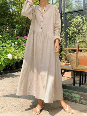 Women Cotton and Linen Long Sleeve Buttons Maxi Dress