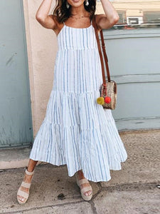 Casual Striped Print Sleeveless Loose Midi Dress