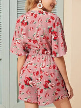 Load image into Gallery viewer, Women's Bat Sleeve Deep V-neck Bow Tie Floral Shorts Jumpsuit