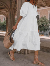 Load image into Gallery viewer, Women Bohemian Round Neck Puff Sleeve Cotton and Linen Plain Midi Dress