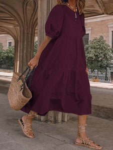 Women Bohemian Round Neck Puff Sleeve Cotton and Linen Plain Midi Dress