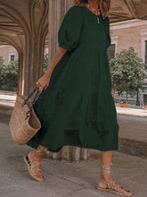 Load image into Gallery viewer, Women Bohemian Round Neck Puff Sleeve Cotton and Linen Plain Midi Dress