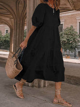 Load image into Gallery viewer, Women Bohemian Round Neck Puff Sleeve Cotton and Linen Plain Midi Dress