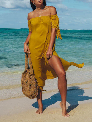 Women Vacation Beach Off Shoulder Irregular Split-Side Plain Maxi Dress