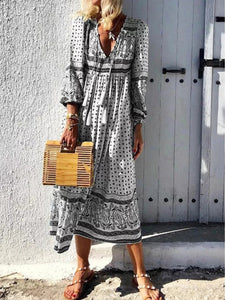 Women Bohemian V-Neck Long Sleeve Polka Dot Print Midi Dress