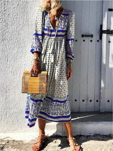 Women Bohemian V-Neck Long Sleeve Polka Dot Print Midi Dress