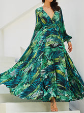 Load image into Gallery viewer, Women Bohemian Lantern Sleeve V-Neck Leaf Print Maxi Dress