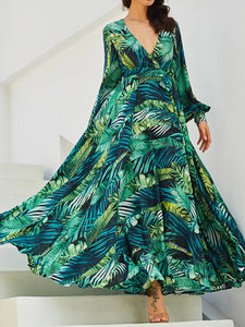 Women Bohemian Lantern Sleeve V-Neck Leaf Print Maxi Dress