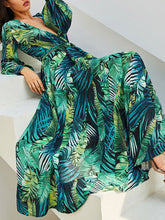 Load image into Gallery viewer, Women Bohemian Lantern Sleeve V-Neck Leaf Print Maxi Dress