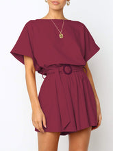 Load image into Gallery viewer, Spring Summer Round Neck Short-sleeved Casual Lace-up Jumpsuit
