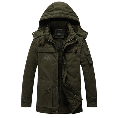 Men'S Washed And Velvet Thickened Warm Mid-Length Hooded Coat