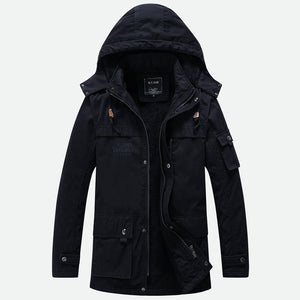 Men'S Washed And Velvet Thickened Warm Mid-Length Hooded Coat