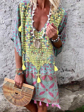 Women Bohemian V-Neck Print Tassel Mini Dress