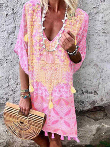 Women Bohemian V-Neck Print Tassel Mini Dress