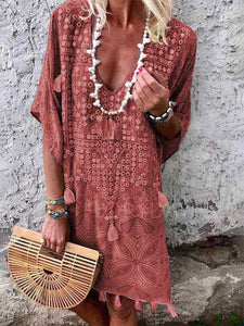 Women Bohemian V-Neck Print Tassel Mini Dress