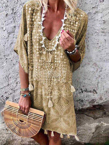 Women Bohemian V-Neck Print Tassel Mini Dress