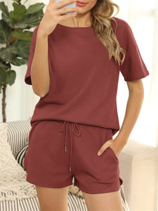 Solid Color Round Neck Short Sleeve Casual Loose Two-piece Suit