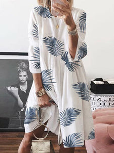 Women Cotton and Linen Round Neck Long Sleeve Leaf Print Mini Dress