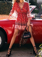 Load image into Gallery viewer, Women Bohemian V-Neck Flared Sleeve Drawstring Print Mini Dress