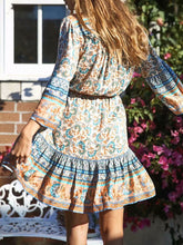 Load image into Gallery viewer, Women Bohemian V-Neck Flared Sleeve Drawstring Print Mini Dress