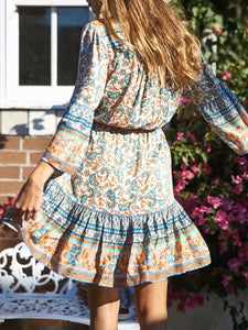 Women Bohemian V-Neck Flared Sleeve Drawstring Print Mini Dress