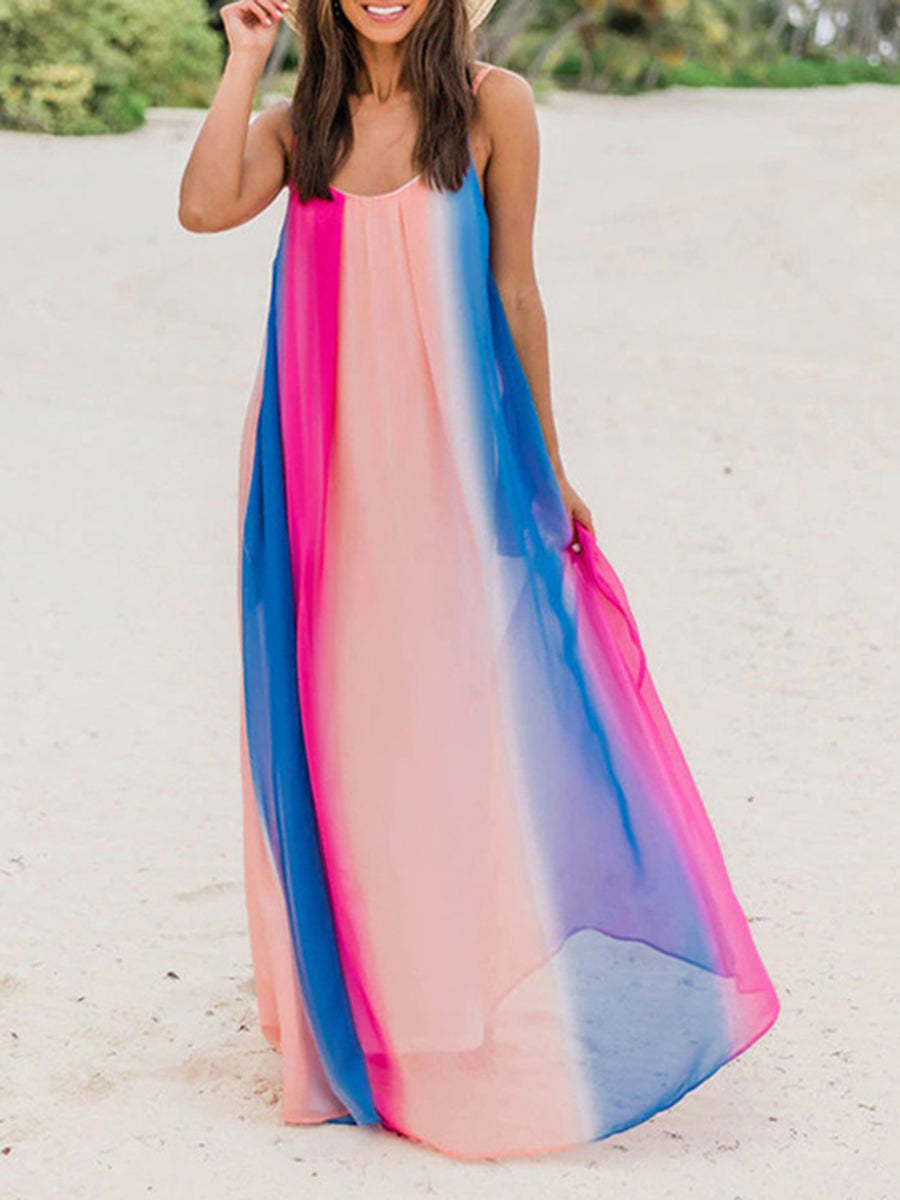 Women Bohemian Colorful Gradient Chiffon Beach Sling Maxi Dress