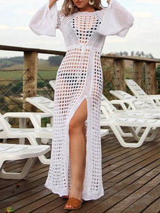 Women Vacation Long Sleeve Sexy Knitted Beach Dress Cover-Up