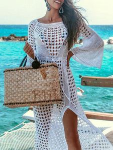 Women Vacation Long Sleeve Sexy Knitted Beach Dress Cover-Up