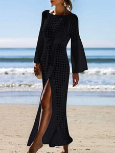 Women Vacation Long Sleeve Sexy Knitted Beach Dress Cover-Up