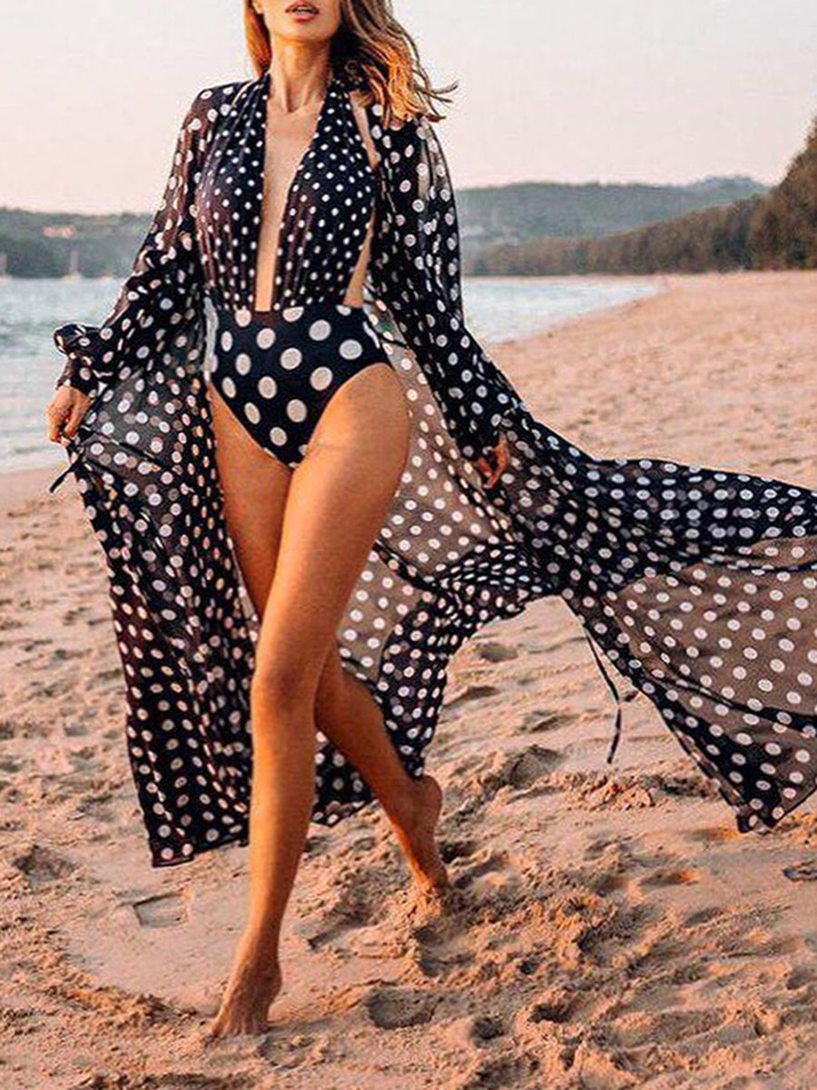 Women Chiffon Polka Dot Loose Cardigan Beach Cover-Up