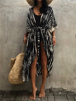 Women Irregular Print Beach Long Cardigan Cover-Up