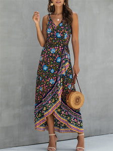 Bohemian Vintage Print Suspender V-neck Irregular Holiday Dress