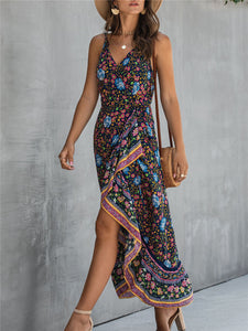 Bohemian Vintage Print Suspender V-neck Irregular Holiday Dress