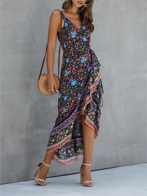 Bohemian Vintage Print Suspender V-neck Irregular Holiday Dress