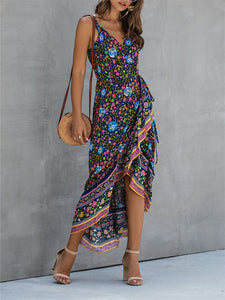 Bohemian Vintage Print Suspender V-neck Irregular Holiday Dress