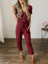 Load image into Gallery viewer, Pure Color Tie V-neck Short-sleeved Slim Casual Jumpsuit