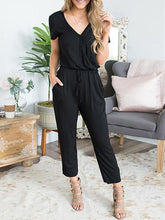 Load image into Gallery viewer, Pure Color Tie V-neck Short-sleeved Slim Casual Jumpsuit