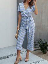 Load image into Gallery viewer, Fashion Striped Print V-neck Short-sleeved Slim Jumpsuit