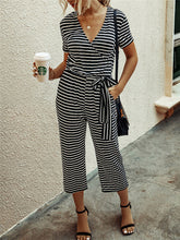 Load image into Gallery viewer, Fashion Striped Print V-neck Short-sleeved Slim Jumpsuit