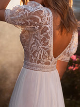 Load image into Gallery viewer, Women Short Sleeve Split-Side Lace Stitching Backless Evening Dress