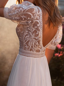 Women Short Sleeve Split-Side Lace Stitching Backless Evening Dress