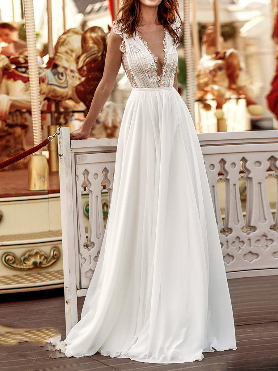 Women Sexy Lace Sleeveless V-Neck Backless Wedding Dress Evening Dress