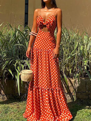 Women Vacation V-Neck Polka Dot Hollow Sling Beach Maxi Dress