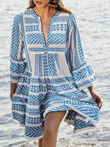 Women Vacation Loose V-Neck Geometric Print Beach Mini Dress