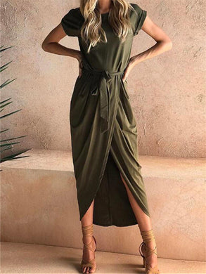 Short-sleeved Front Slit Irregular Slim Casual Dress