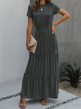 Load image into Gallery viewer, Pure Color Round Neck Pleated Slimming Long Casual Dress