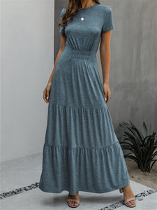 Pure Color Round Neck Pleated Slimming Long Casual Dress